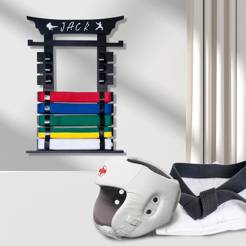 humberboat Wall Karate Belt Display Rack with Medal Hanger and Stickers, Martial Arts Belt Display Holder, 8 Belt Taekwondo Belt Belt Display Hanging Holder for Kids and Adults-Brown - Image 2